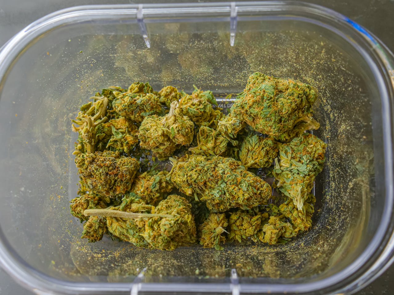 High-quality close-up image of dried cannabis buds in a clear glass container, showcasing texture and detail.
